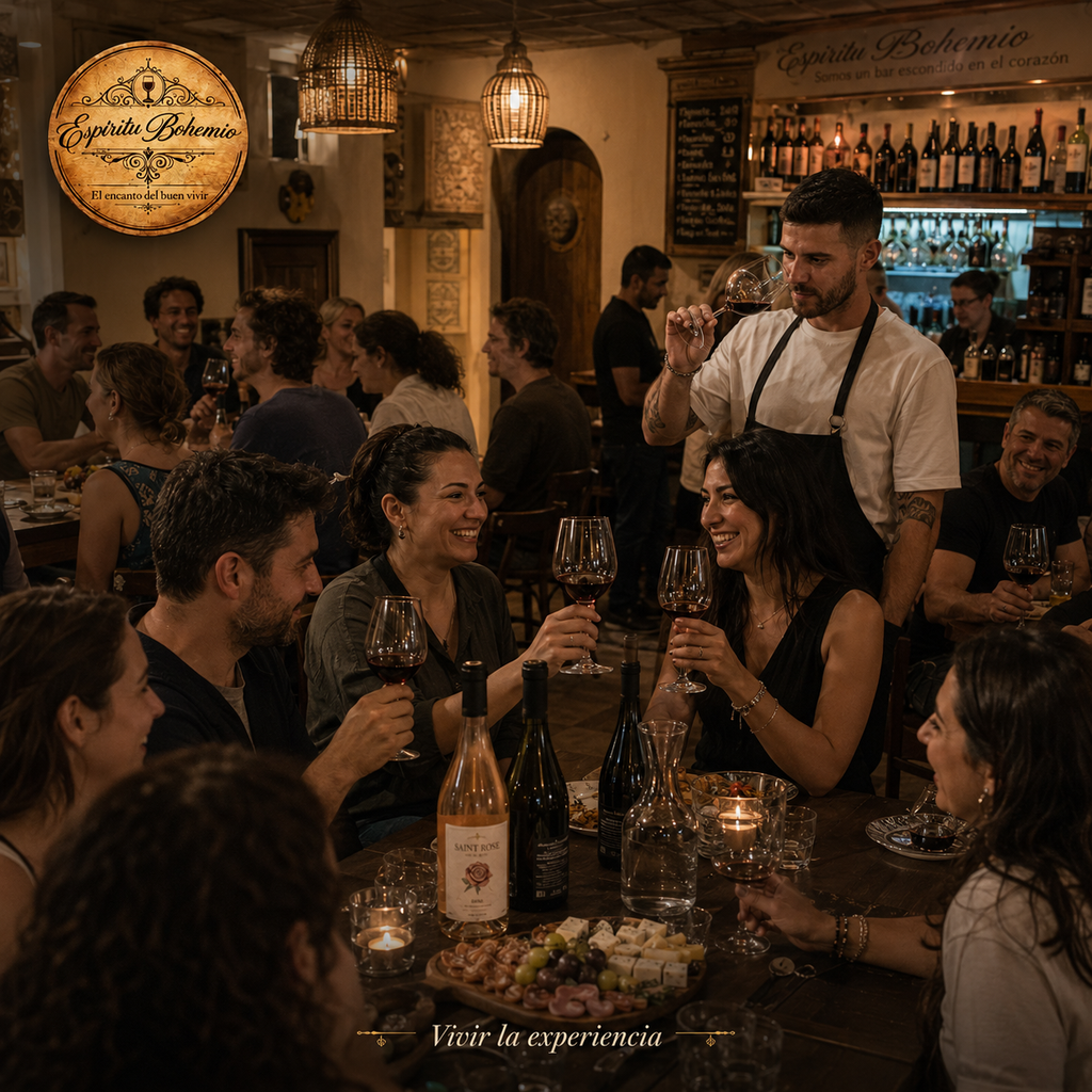 Grupo disfrutando la degustación Saint Rose en Espíritu Bohemio